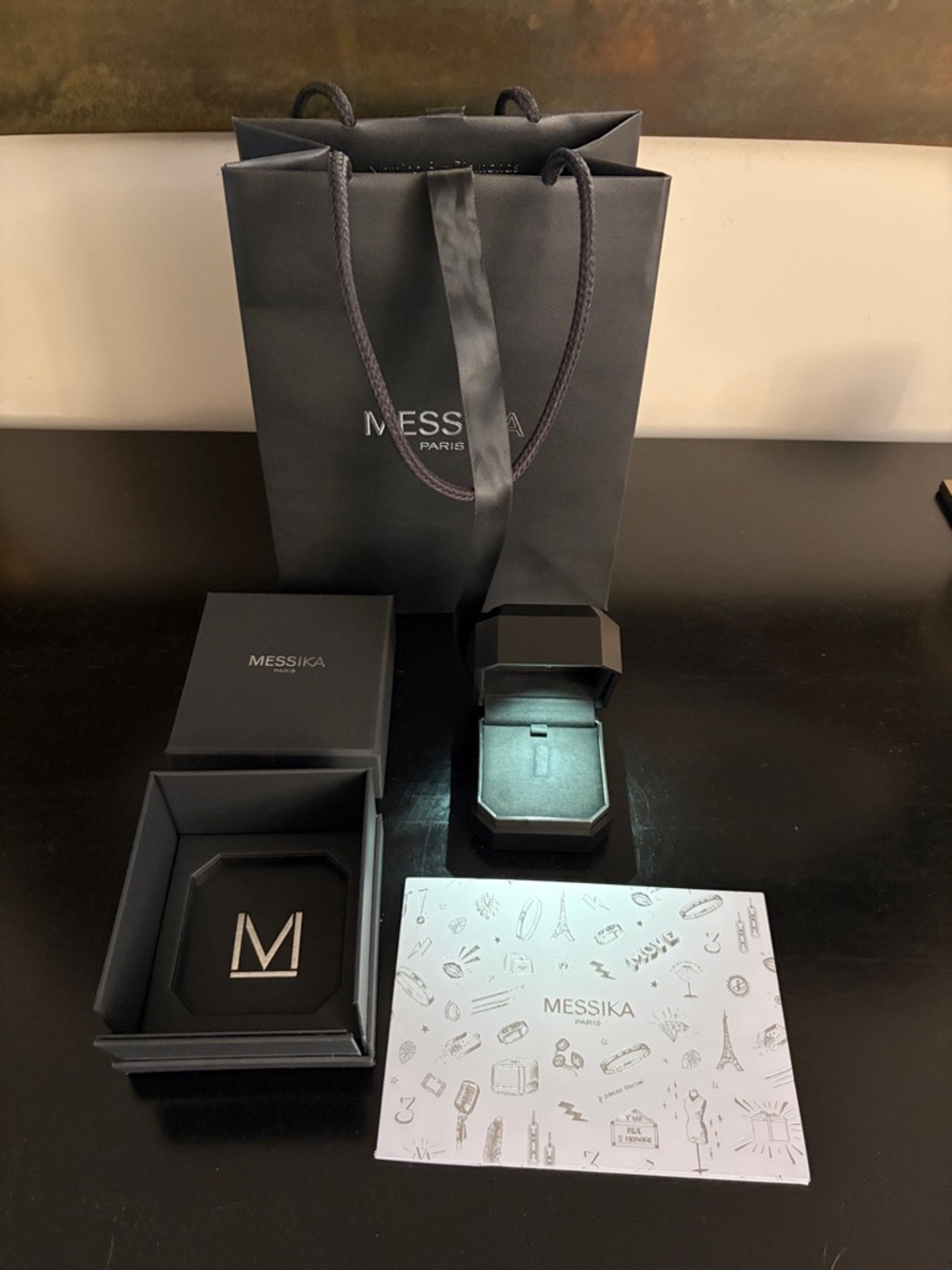 Messika jewelry box with light, 2nd box, shopping bag, receipt holder with card